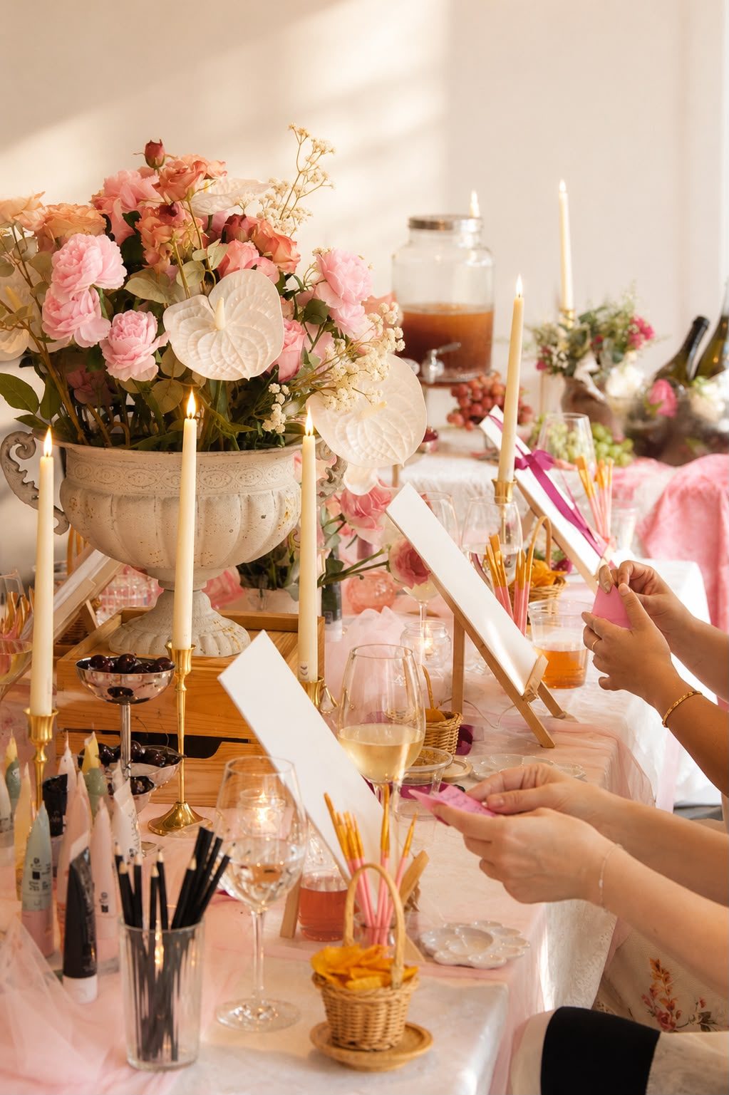 Guests painting ribbon-tied canvases at a Three Petals Paint & Prosecco event