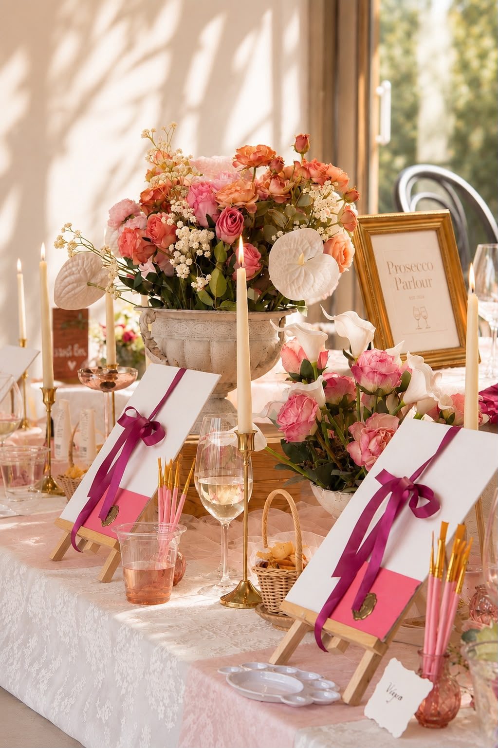 Painting easels set at a styled table with roses, from a past Three Petals event