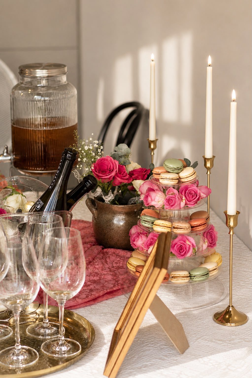 Tiered macarons and Prosecco Parlour drinks station, from a past Three Petals event