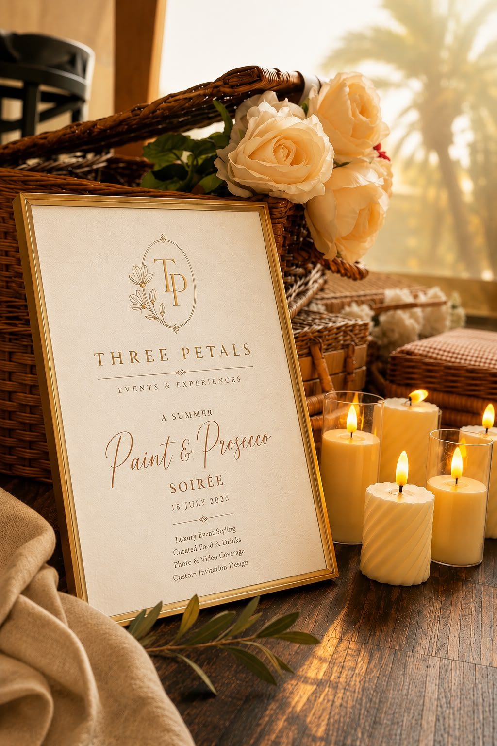 Three Petals picnic basket styling with roses and candlelight, from a past Three Petals event